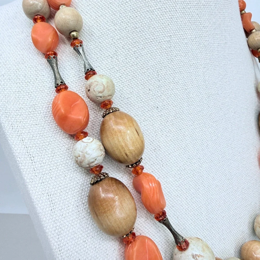 Arthur Pepper Vintage Necklace Double Strand Wood Stone Coral‎ Bead Mid Mod